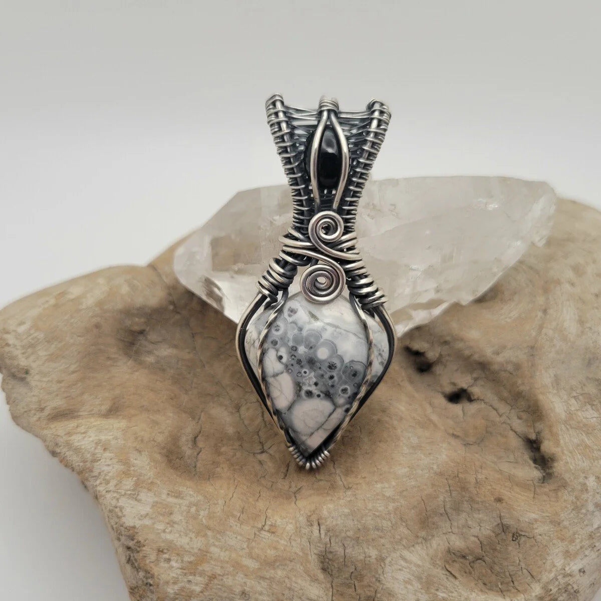 Handcrafted Black Onyx and Galaxy Rhyolite Sterling Silver Pendant Necklace — reverse view