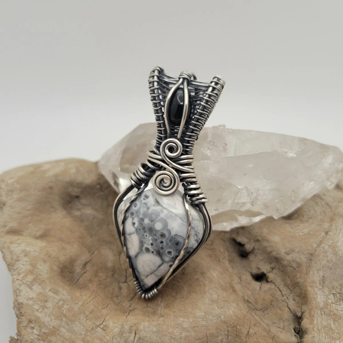 Handcrafted Black Onyx and Galaxy Rhyolite Sterling Silver Pendant Necklace — product image 6
