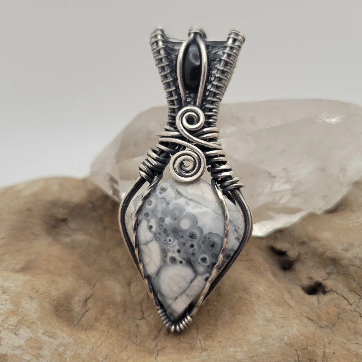 Handcrafted Black Onyx and Galaxy Rhyolite Sterling Silver Pendant Necklace — front view