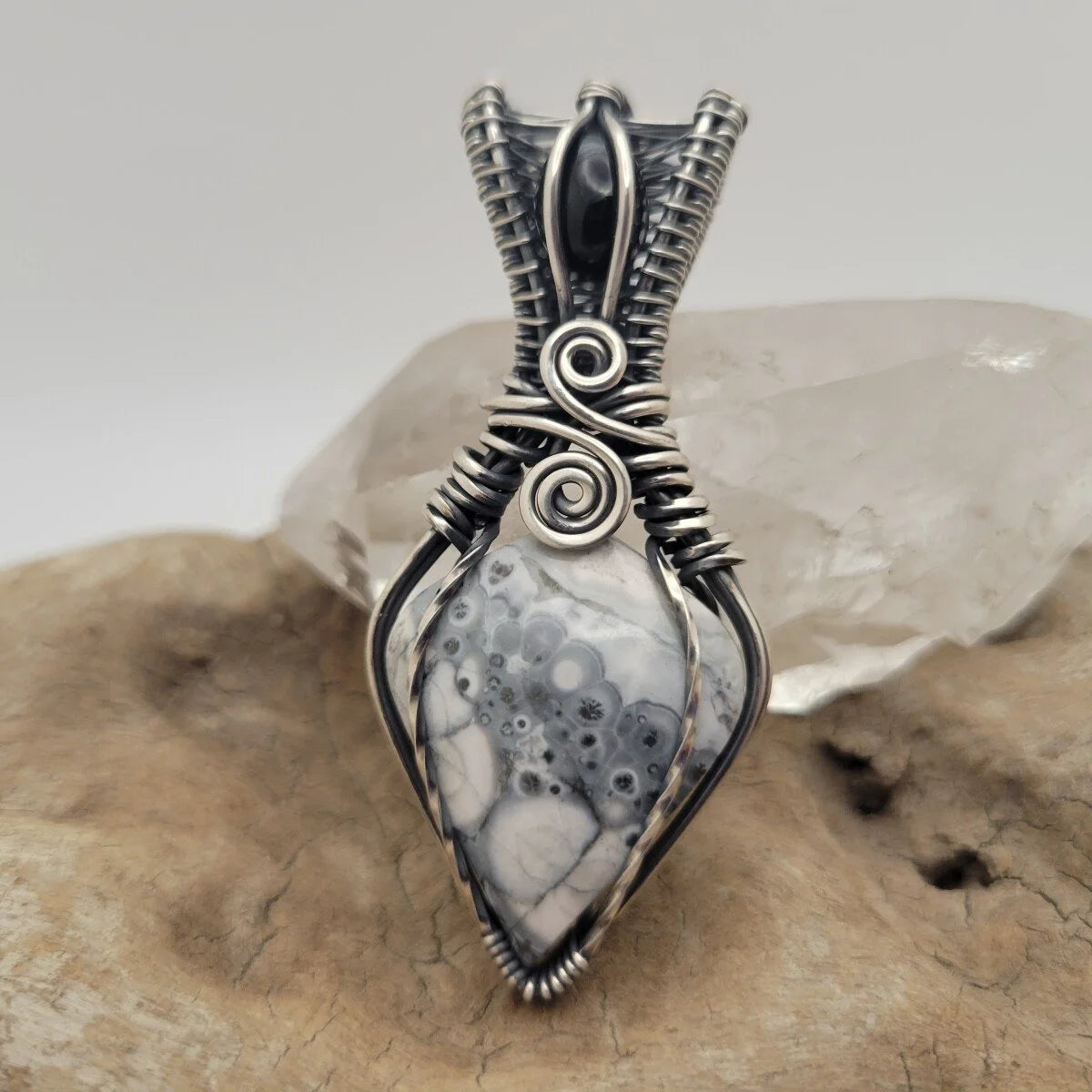 Handcrafted Black Onyx and Galaxy Rhyolite Sterling Silver Pendant Necklace — product image 7