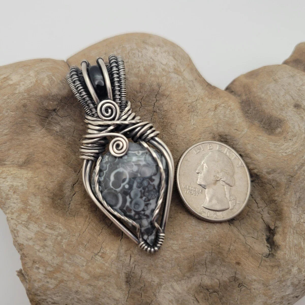 Handcrafted Black Onyx and Galaxy Rhyolite Sterling Silver Pendant Necklace — product image 12