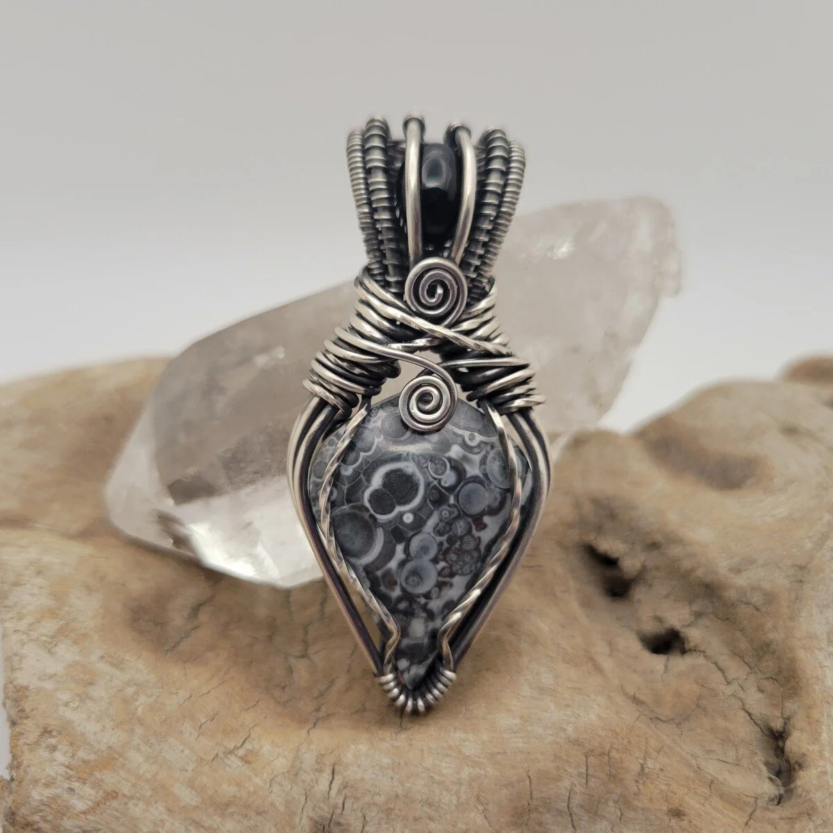 Handcrafted Black Onyx and Galaxy Rhyolite Sterling Silver Pendant Necklace — front view
