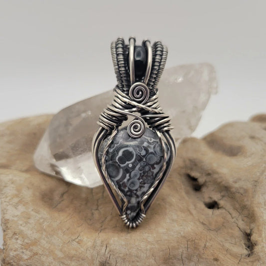 Handcrafted Black Onyx and Galaxy Rhyolite Sterling Silver Pendant Necklace — front view