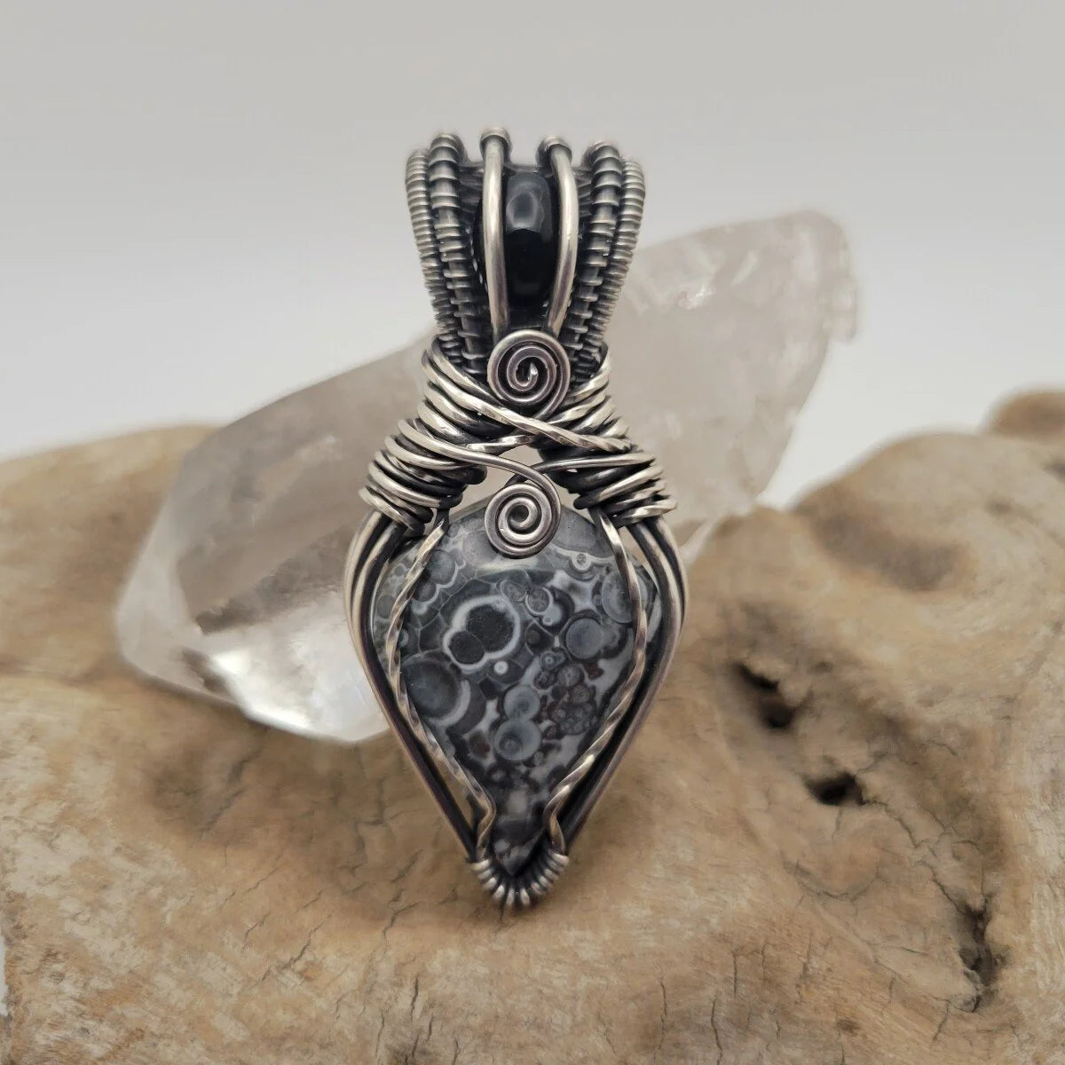 Handcrafted Black Onyx and Galaxy Rhyolite Sterling Silver Pendant Necklace — side view