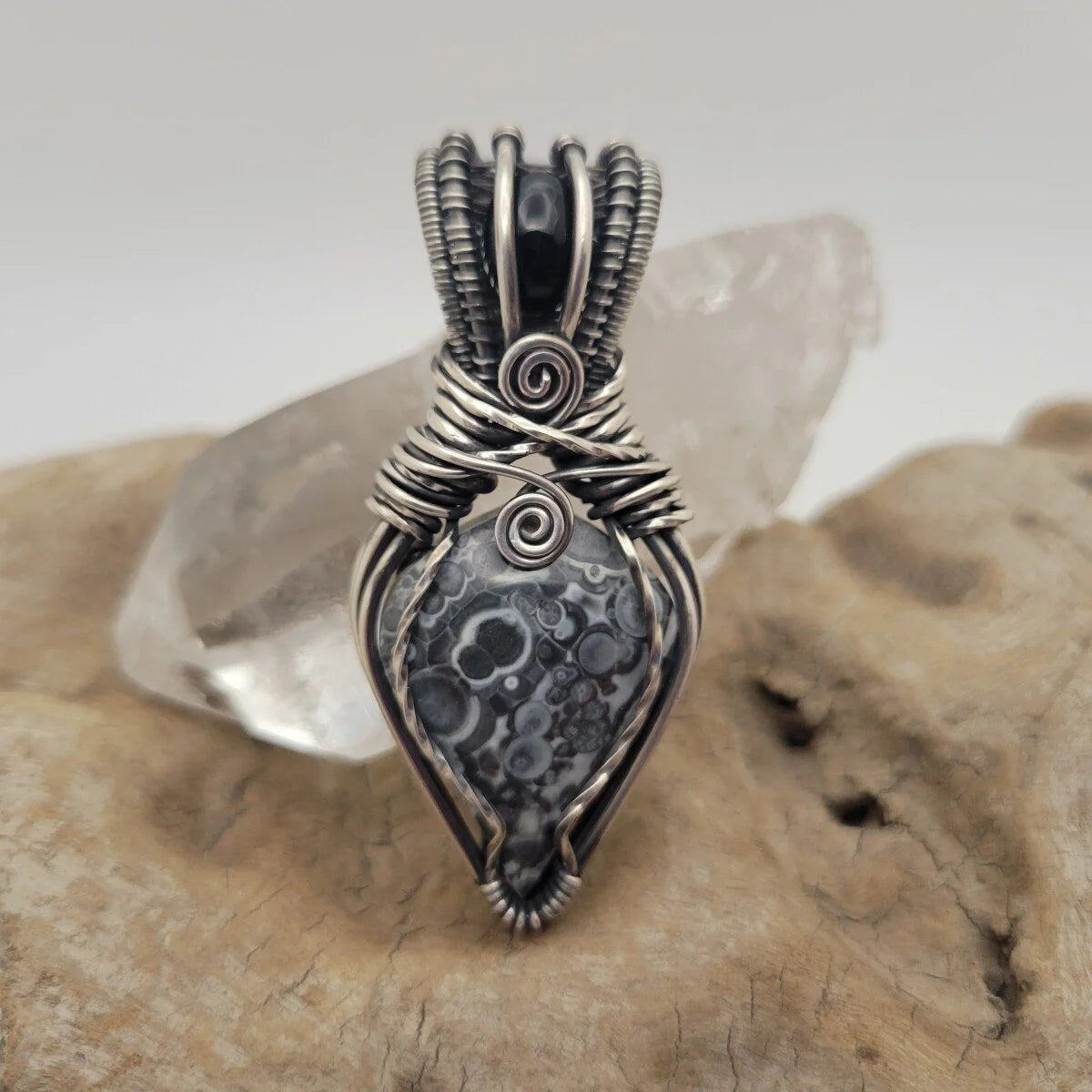 Handcrafted Black Onyx and Galaxy Rhyolite Sterling Silver Pendant Necklace — detail view