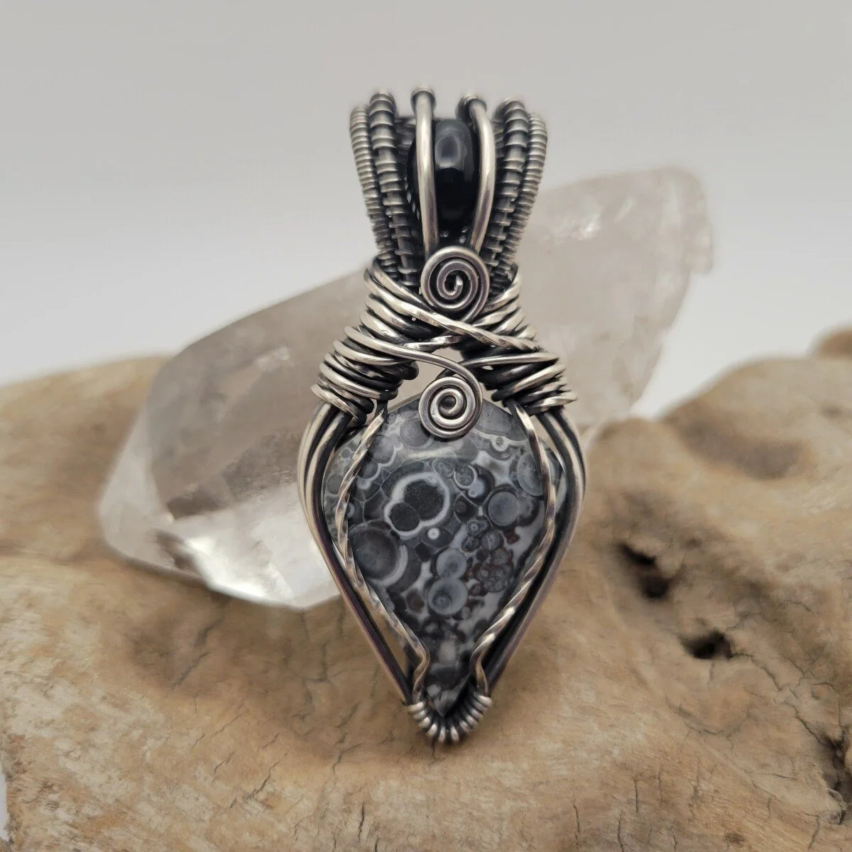 Handcrafted Black Onyx and Galaxy Rhyolite Sterling Silver Pendant Necklace — close-up