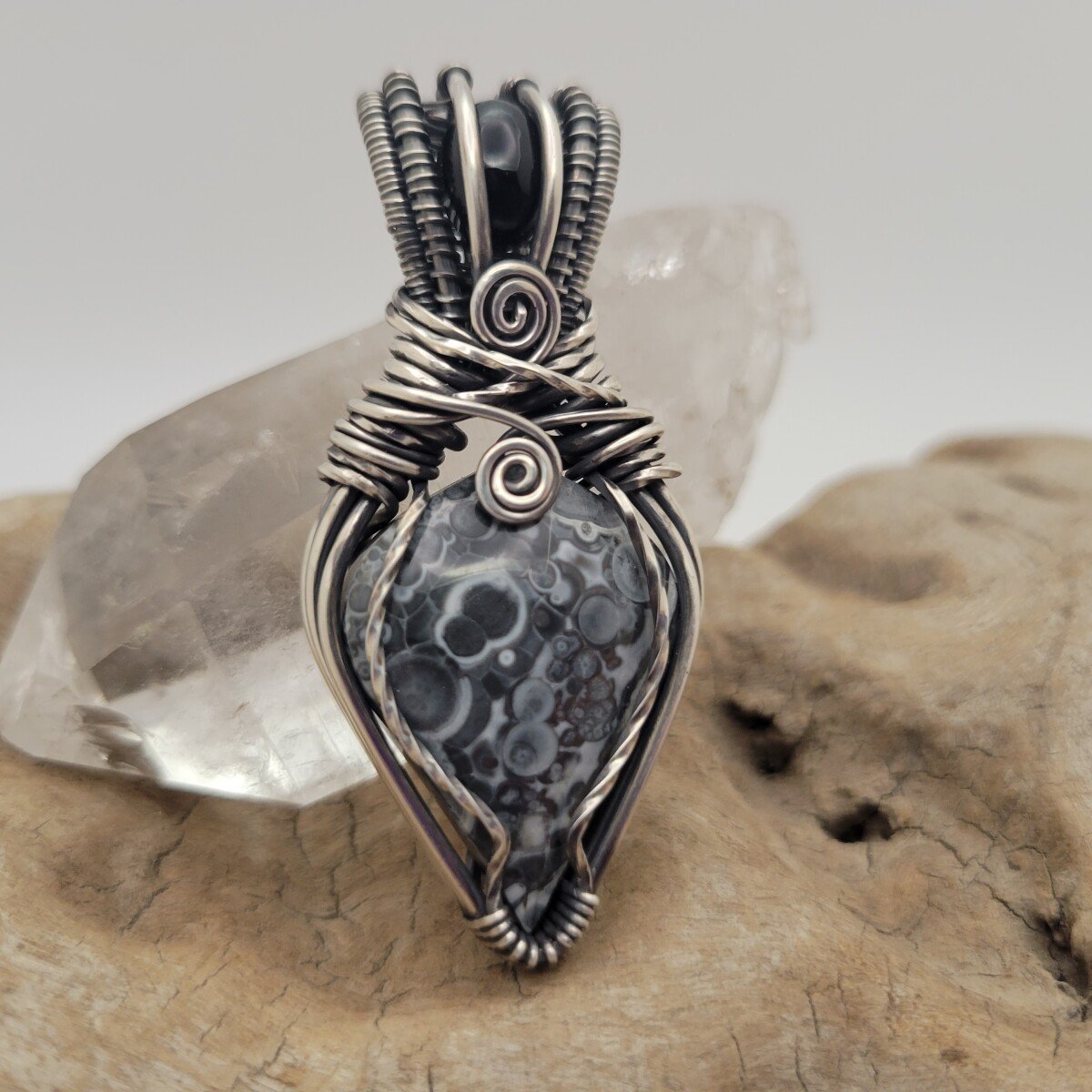 Handcrafted Black Onyx and Galaxy Rhyolite Sterling Silver Pendant Necklace — product image 9