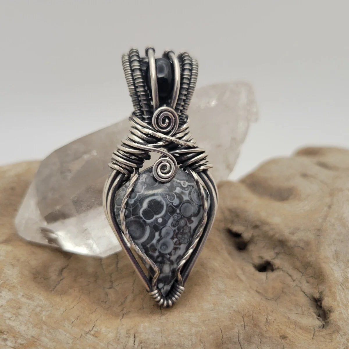 Handcrafted Black Onyx and Galaxy Rhyolite Sterling Silver Pendant Necklace — reverse view