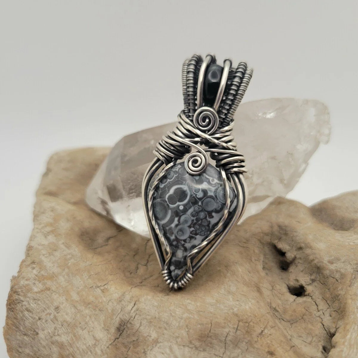 Handcrafted Black Onyx and Galaxy Rhyolite Sterling Silver Pendant Necklace — product image 8
