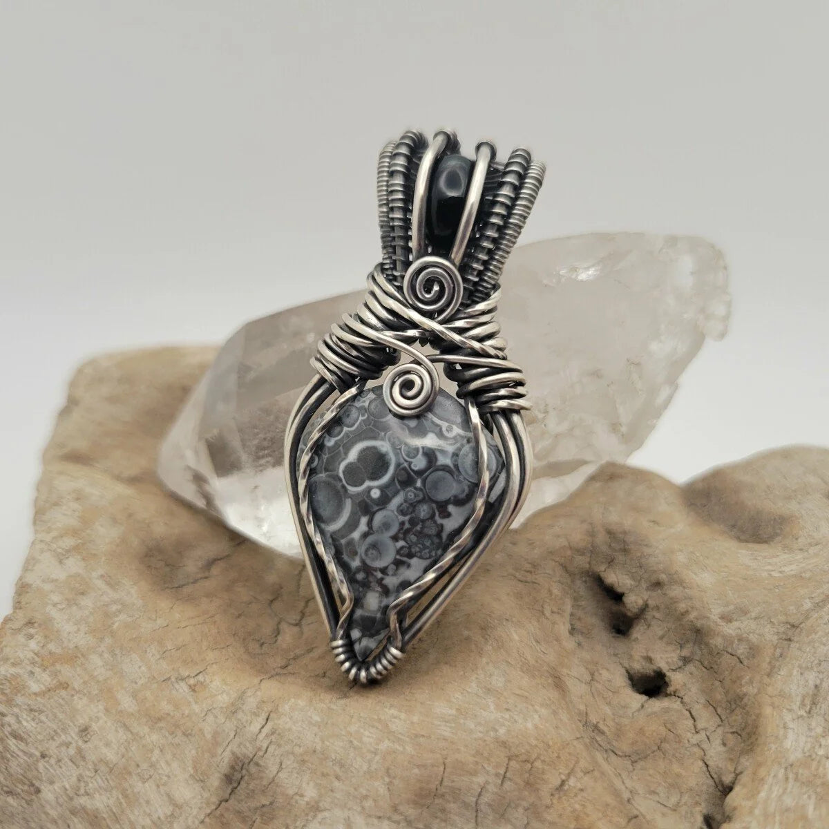Handcrafted Black Onyx and Galaxy Rhyolite Sterling Silver Pendant Necklace — product image 10