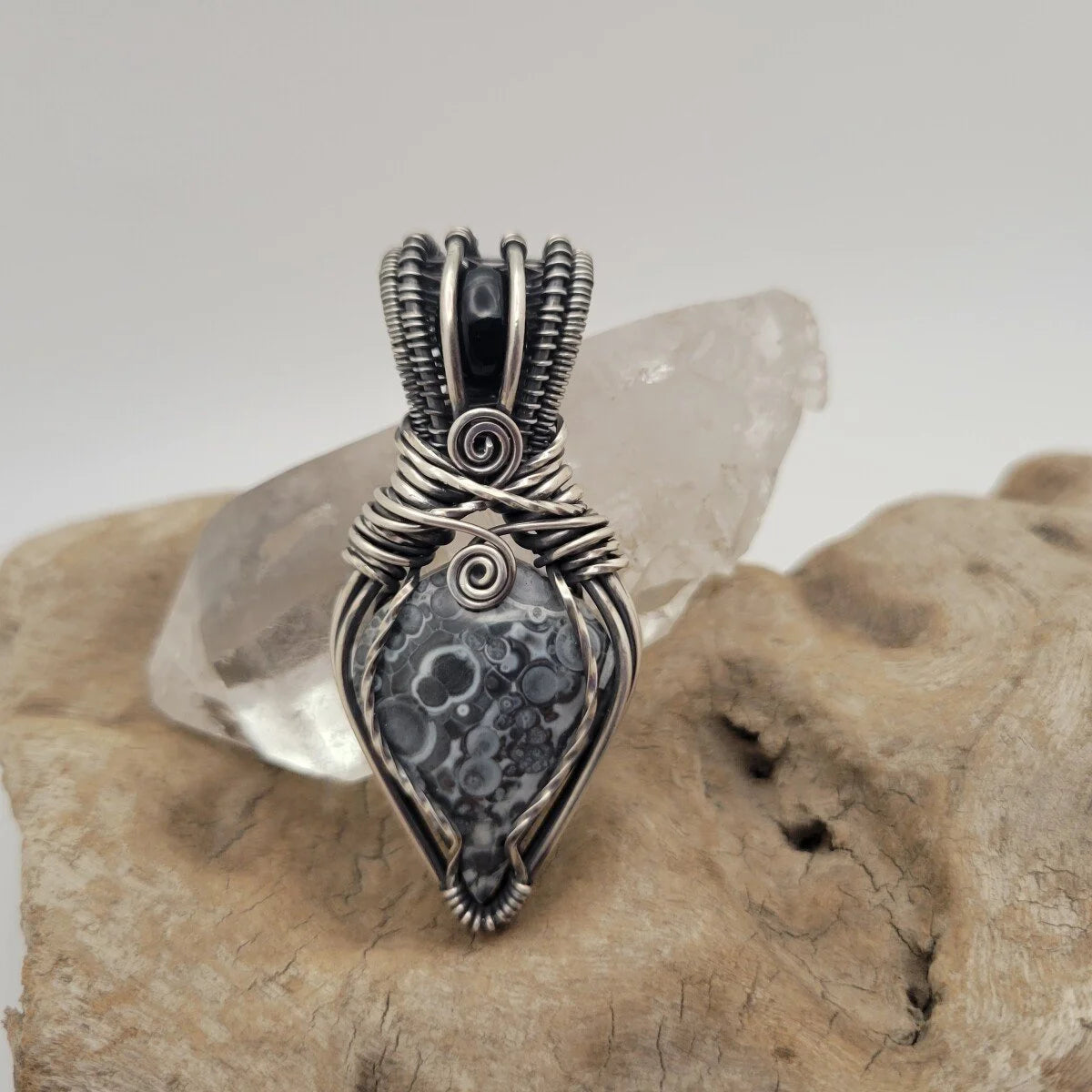 Handcrafted Black Onyx and Galaxy Rhyolite Sterling Silver Pendant Necklace — product image 6