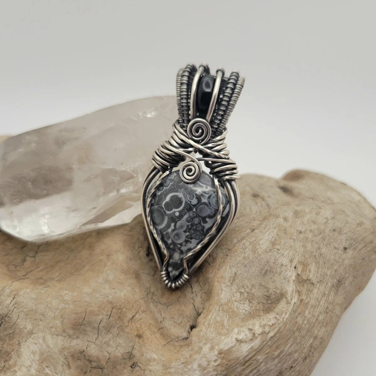 Handcrafted Black Onyx and Galaxy Rhyolite Sterling Silver Pendant Necklace — product image 11