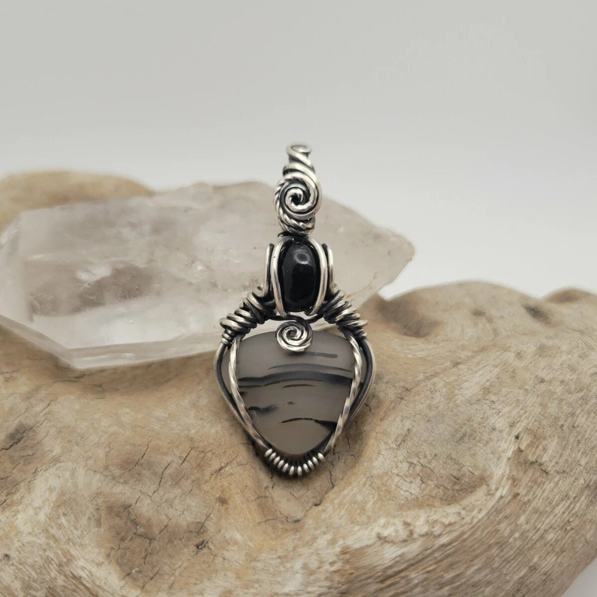 Handcrafted Satin Agate Sterling Silver Pendant Necklace — side view