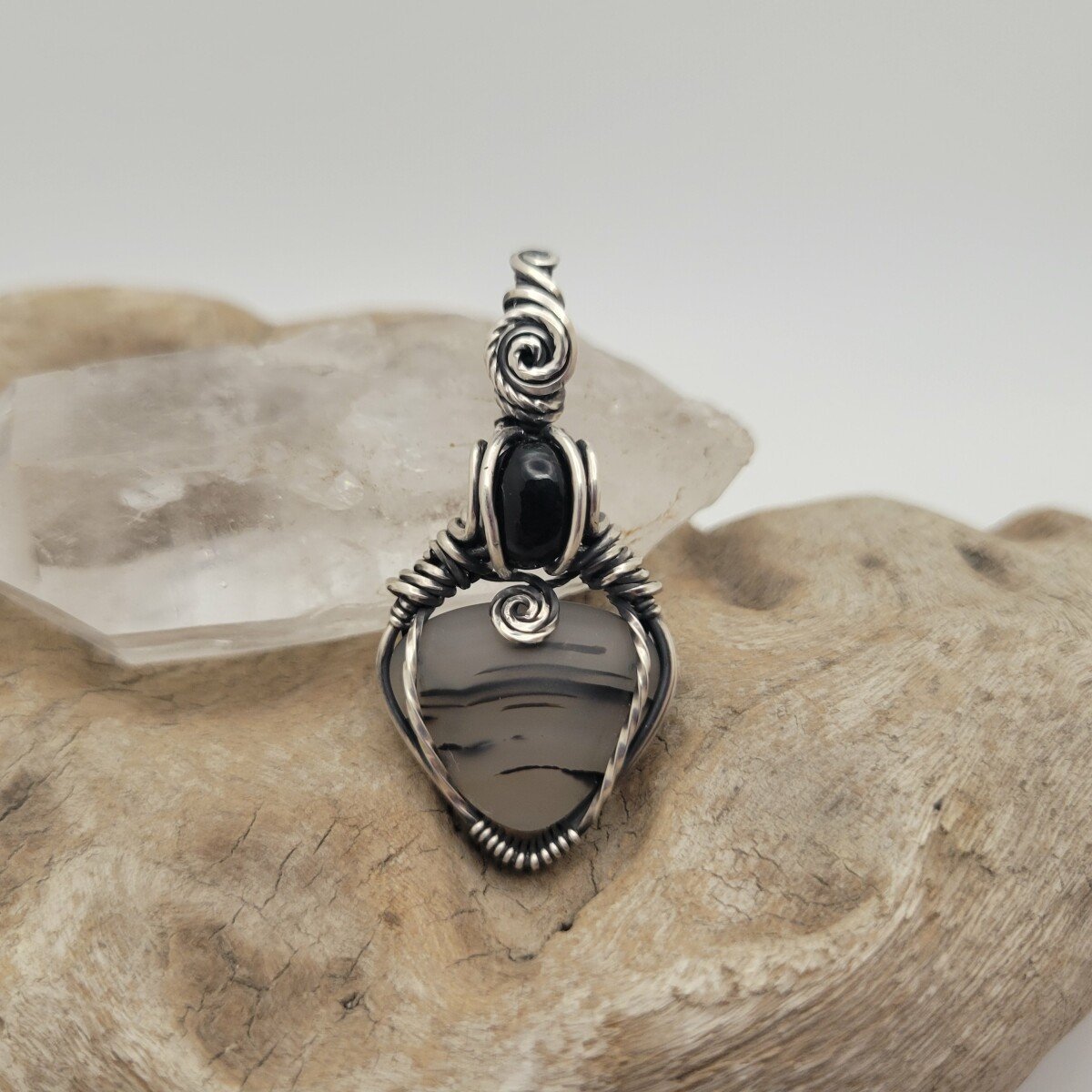 Handcrafted Satin Agate Sterling Silver Pendant Necklace — close-up