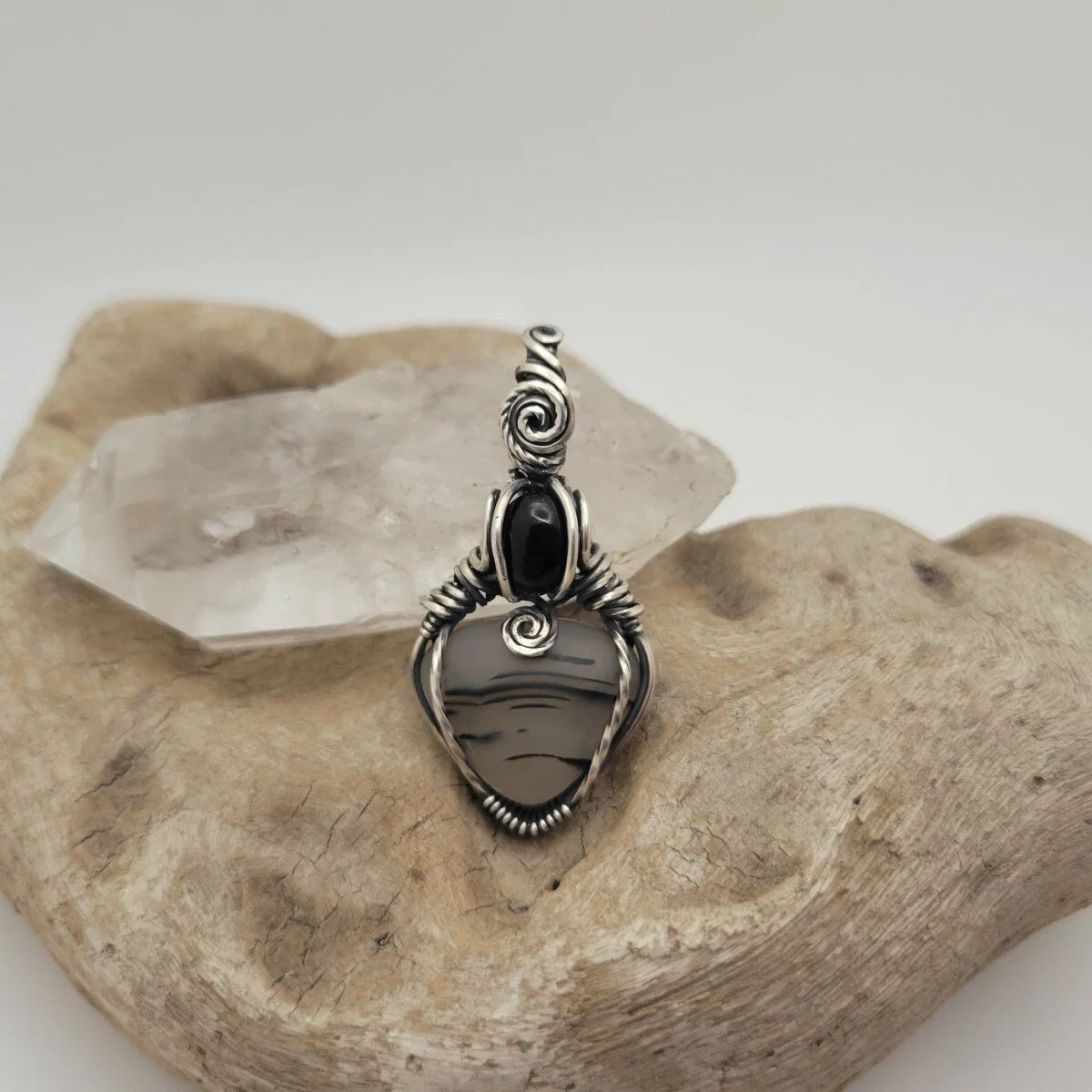 Handcrafted Satin Agate Sterling Silver Pendant Necklace — reverse view