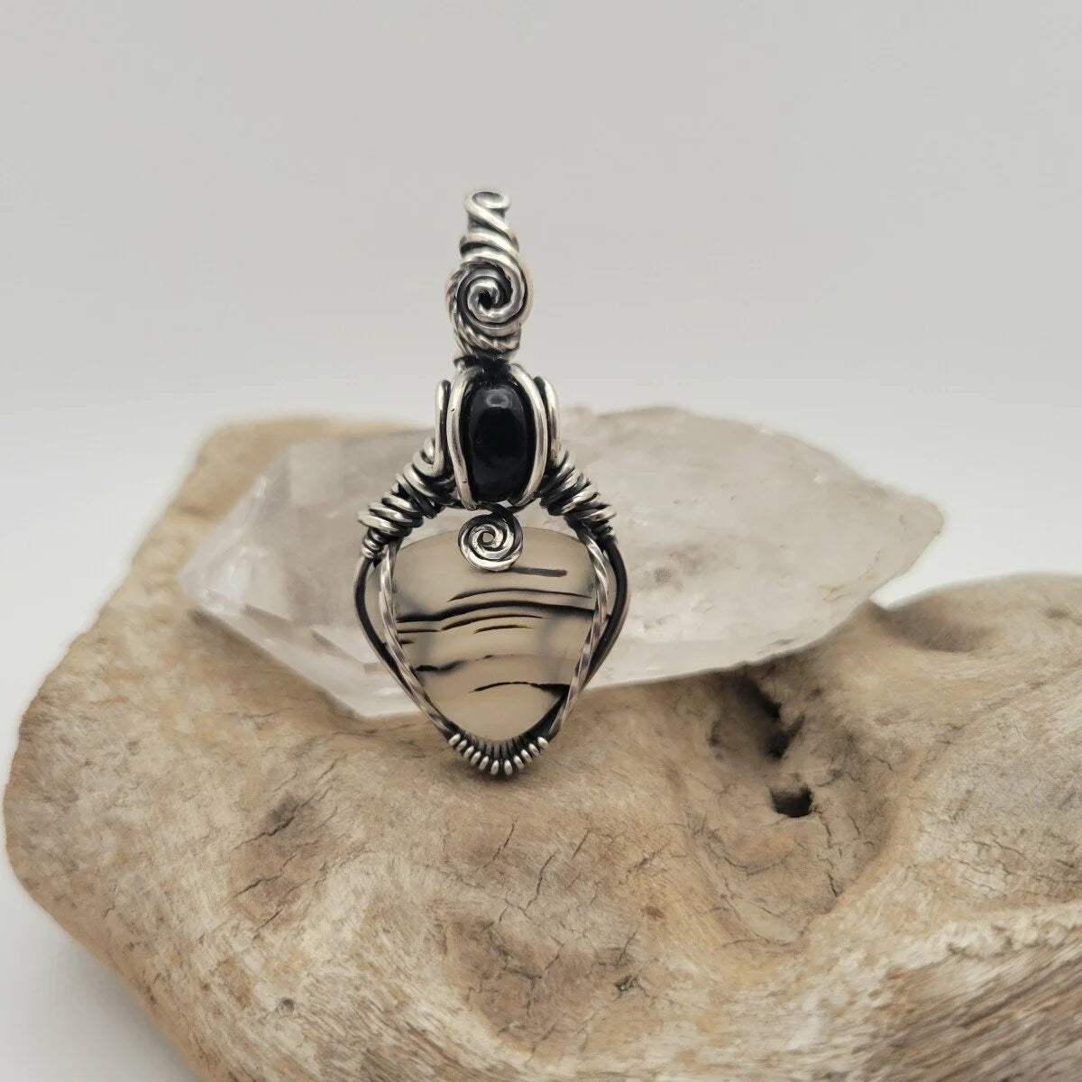 Handcrafted Satin Agate Sterling Silver Pendant Necklace — front view