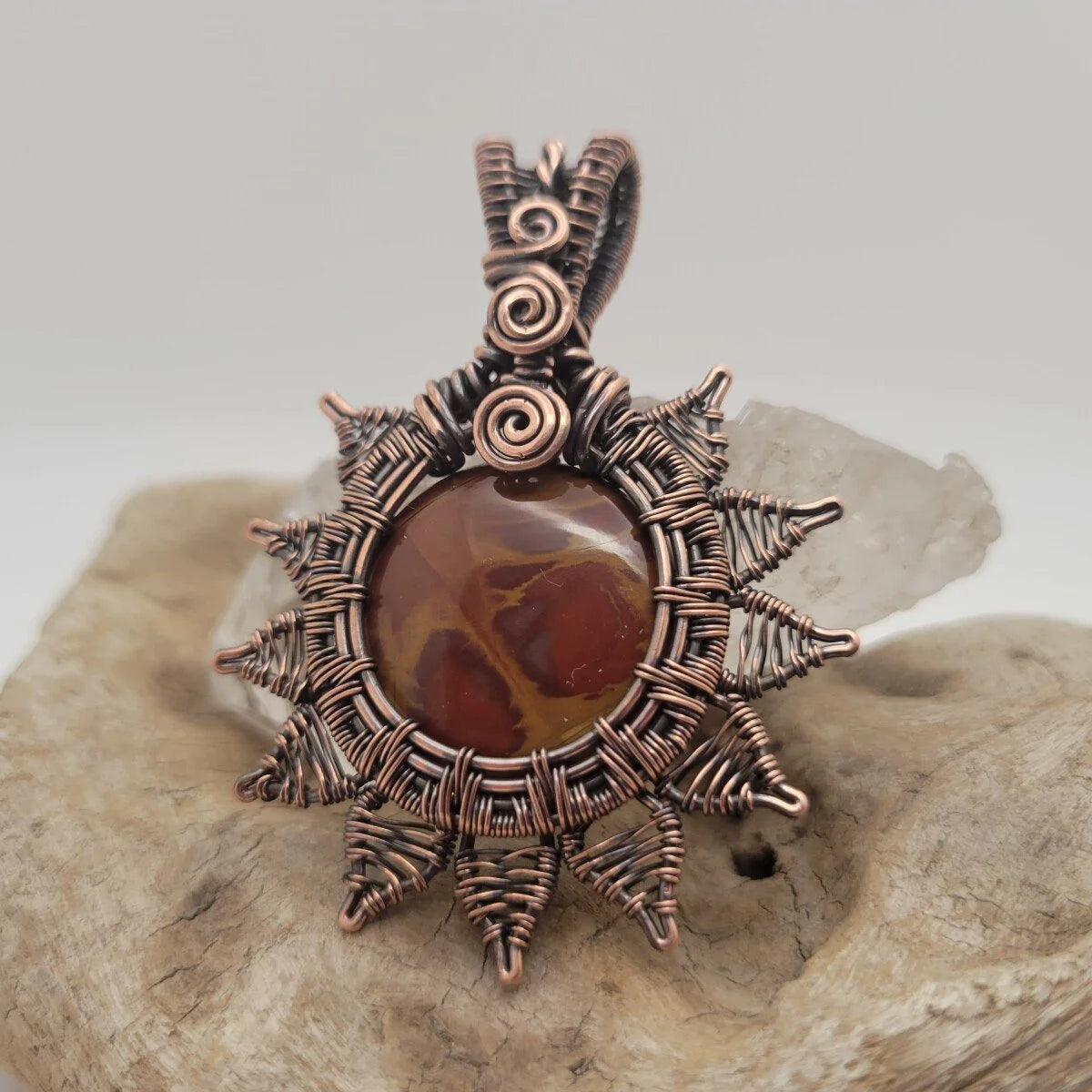 Handcrafted Red Picture Jasper and Picture Jasper Copper Pendant Necklace — close-up