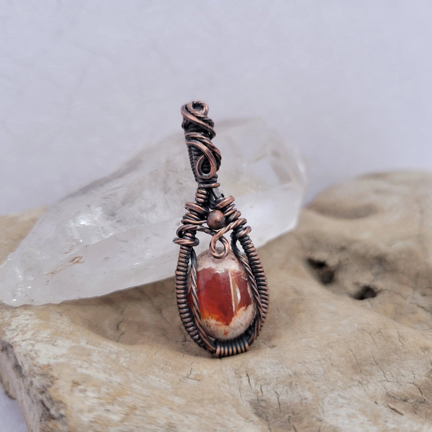 Handcrafted Fire Opal Copper Sun Pendant Necklace — close-up