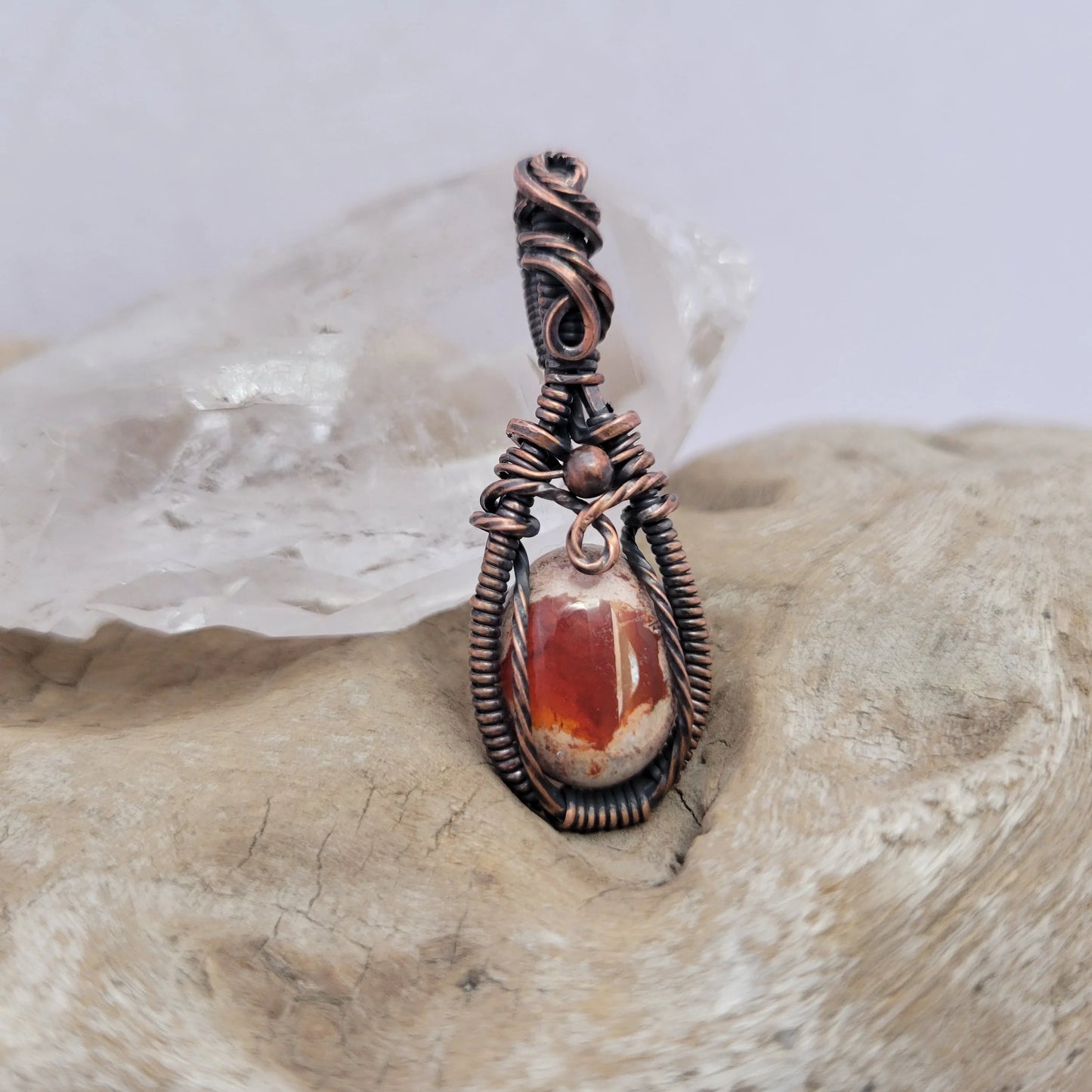Handcrafted Fire Opal Copper Sun Pendant Necklace — side view
