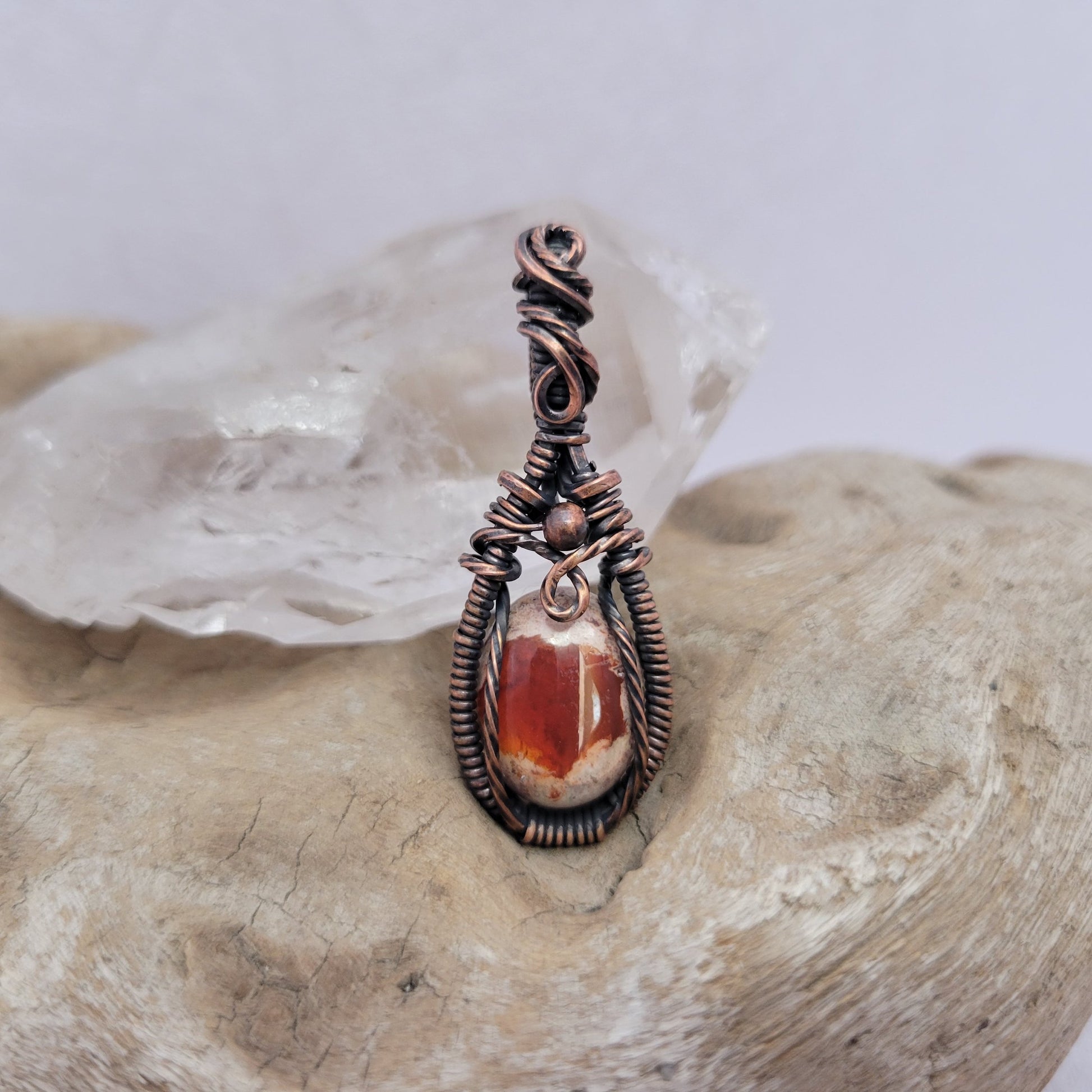 Handcrafted Fire Opal Copper Sun Pendant Necklace — detail view