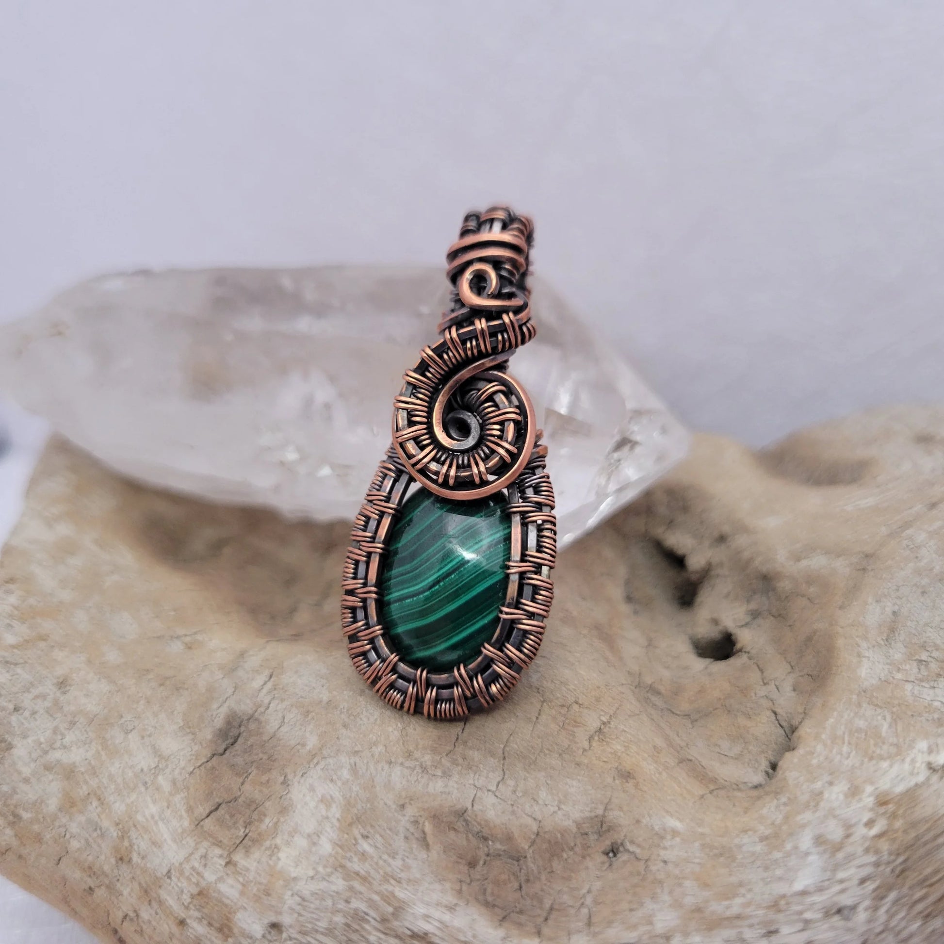 Handcrafted Malachite Copper Pendant Necklace — detail view