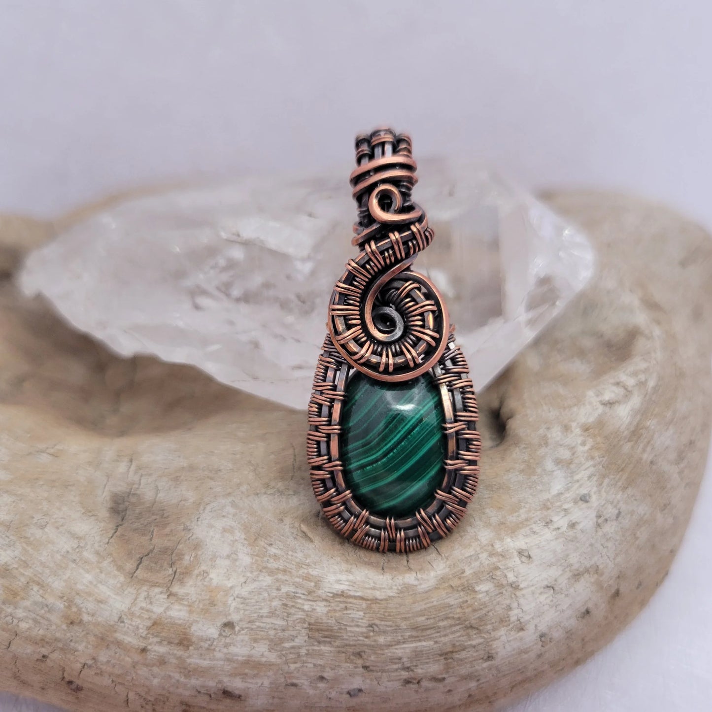 Handcrafted Malachite Copper Pendant Necklace — side view