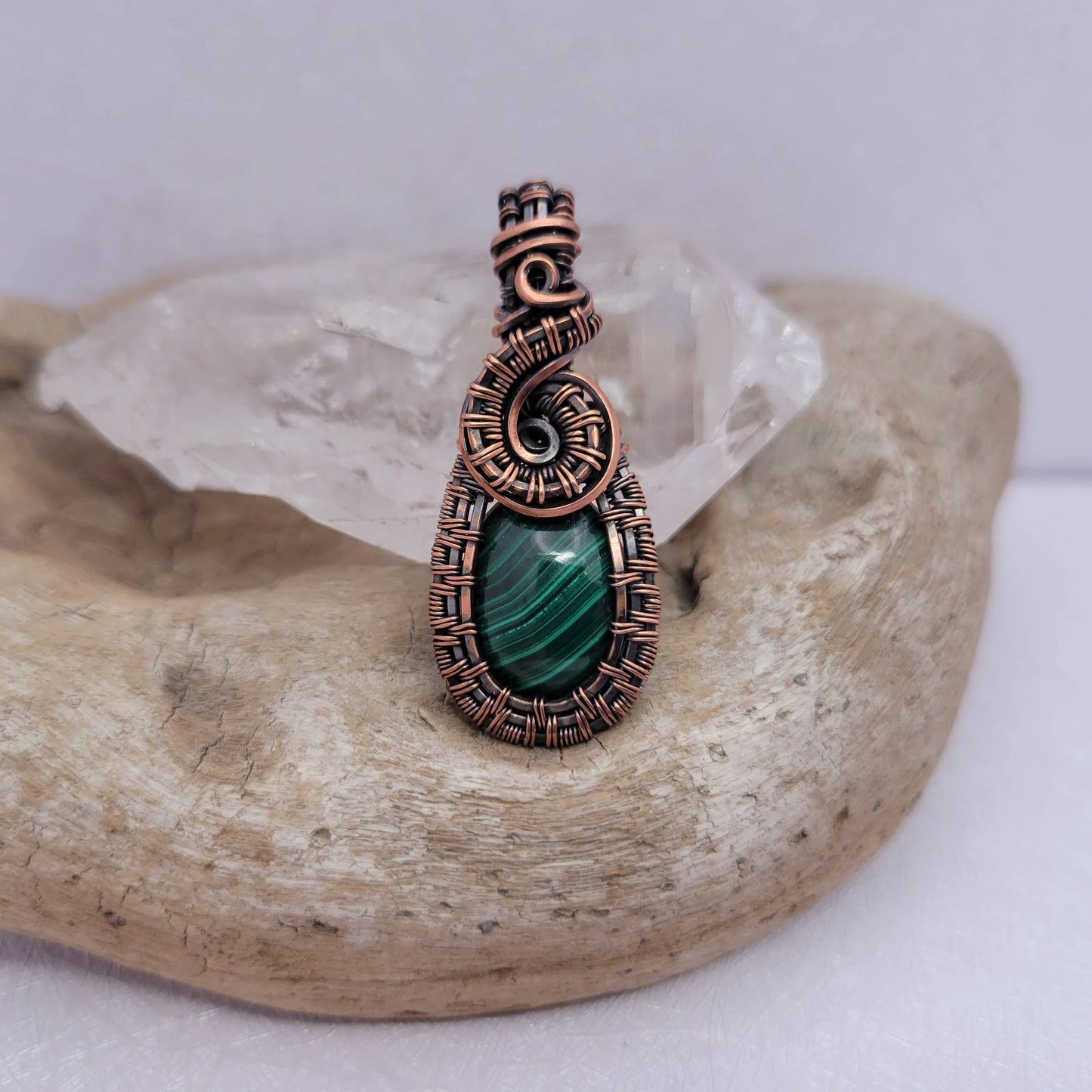 Handcrafted Malachite Copper Pendant Necklace — close-up