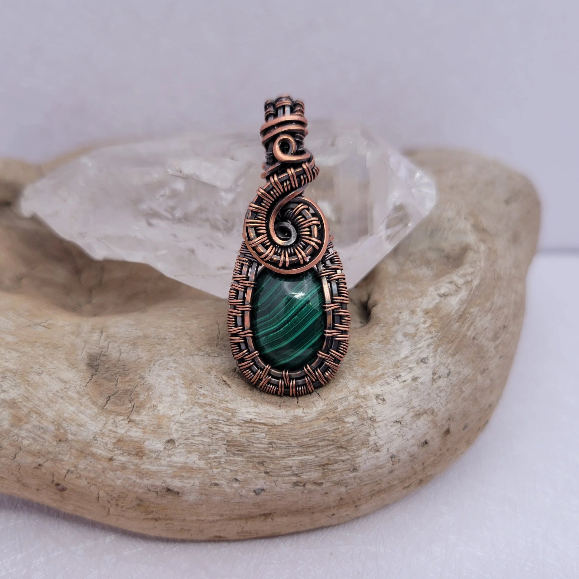 Handcrafted Malachite Copper Pendant Necklace — close-up