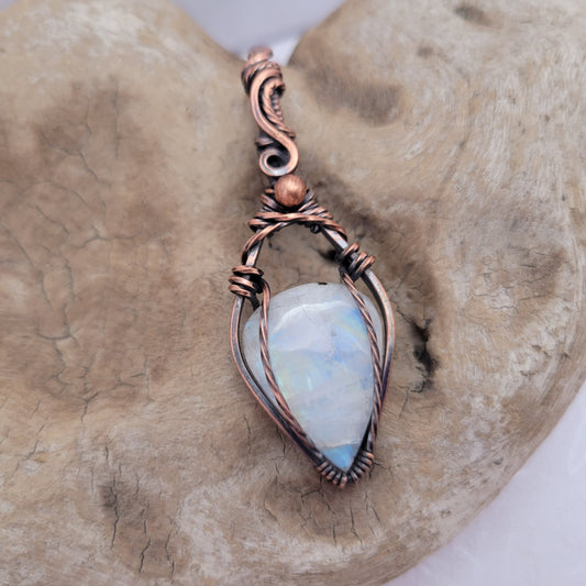 Handcrafted Rainbow Moonstone and Moonstone Copper Pendant Necklace — front view