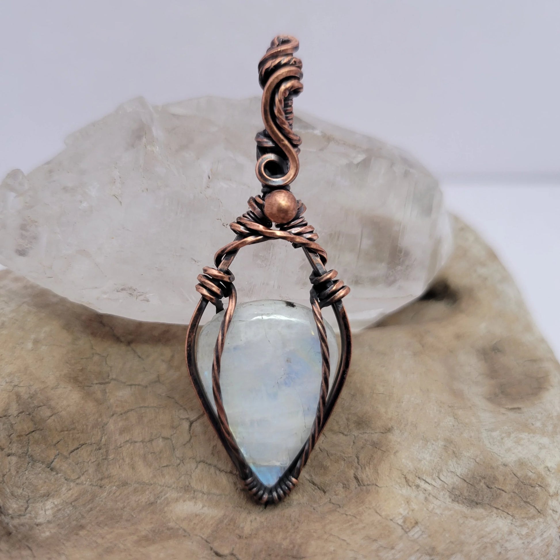 Handcrafted Rainbow Moonstone and Moonstone Copper Pendant Necklace — side view