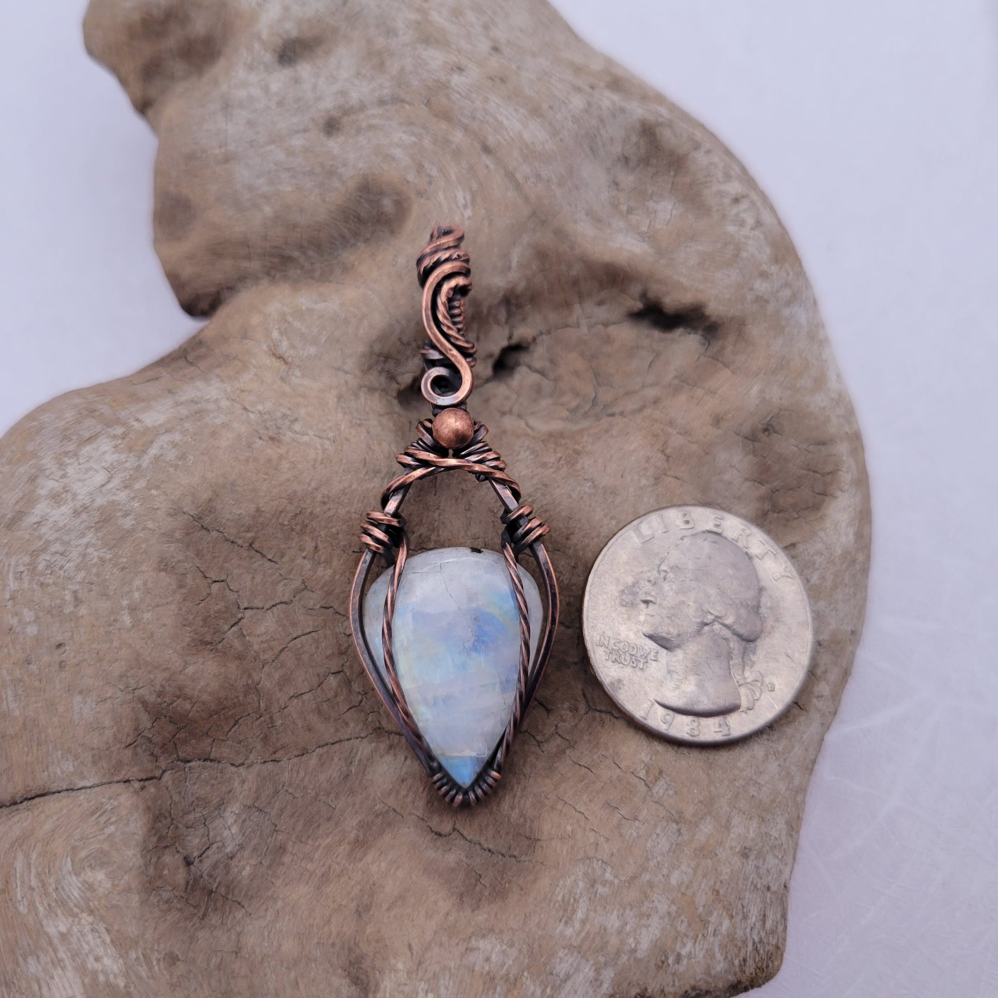 Handcrafted Rainbow Moonstone and Moonstone Copper Pendant Necklace — reverse view