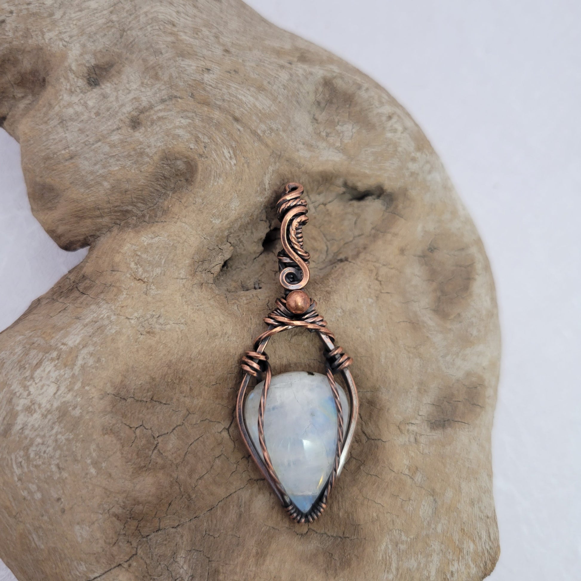 Handcrafted Rainbow Moonstone and Moonstone Copper Pendant Necklace — close-up