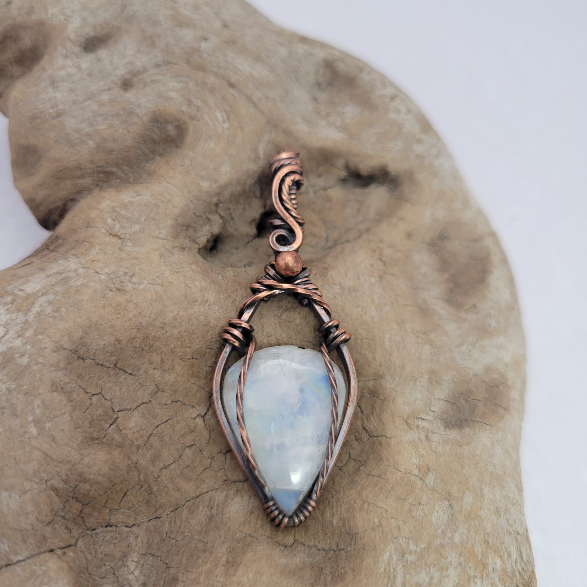 Handcrafted Rainbow Moonstone and Moonstone Copper Pendant Necklace — detail view