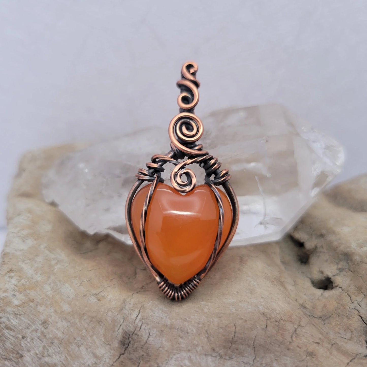 Handcrafted Carnelian Copper Heart Pendant Necklace — detail view