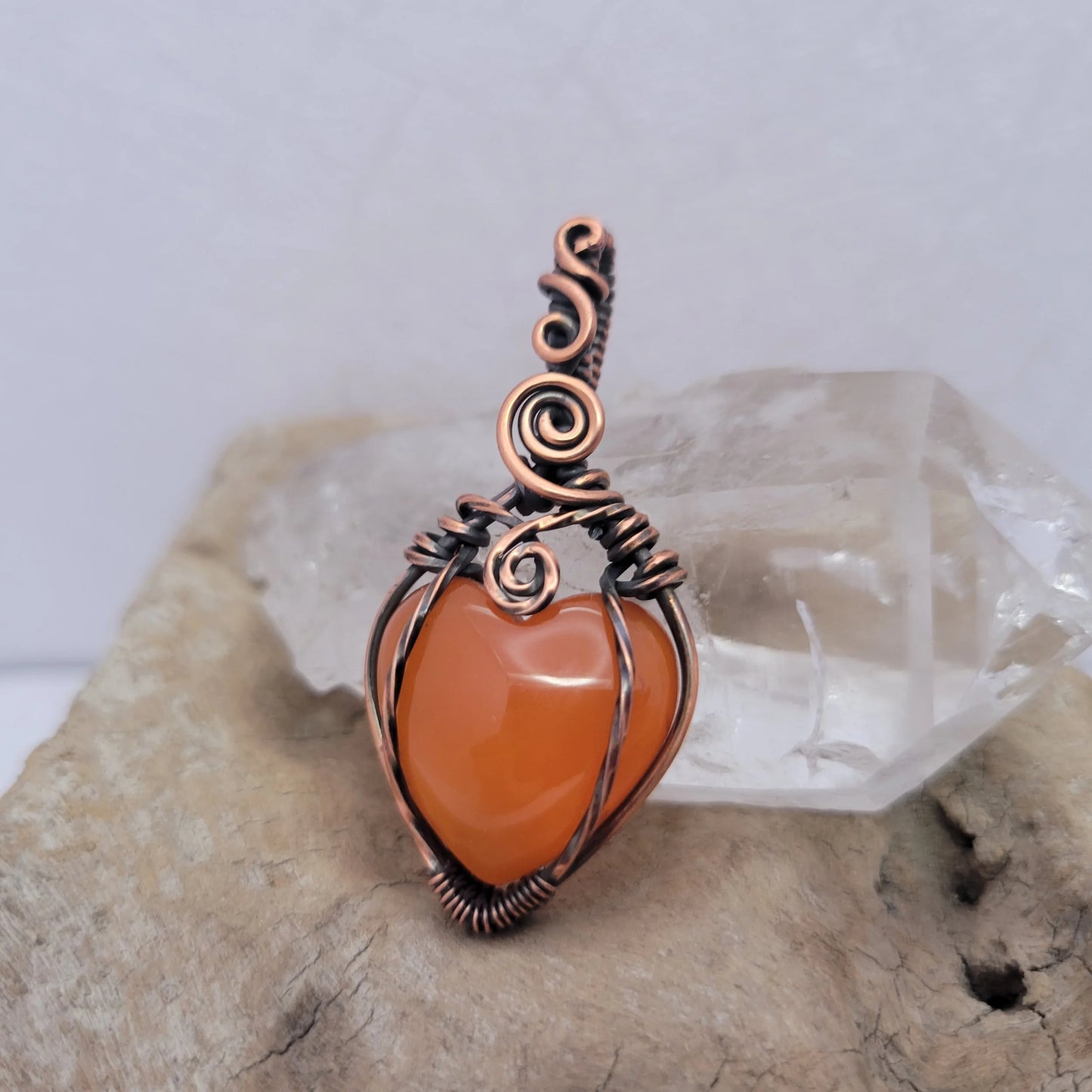 Handcrafted Carnelian Copper Heart Pendant Necklace — close-up