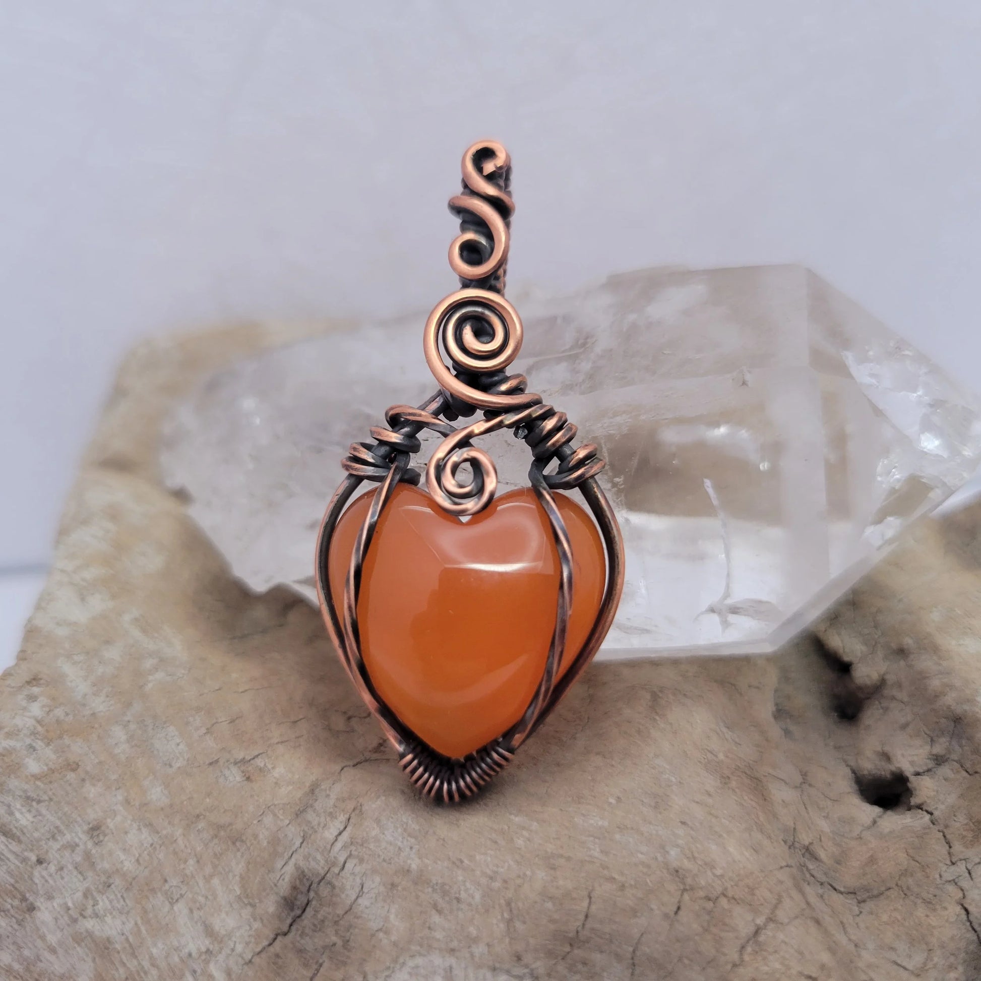 Handcrafted Carnelian Copper Heart Pendant Necklace — reverse view