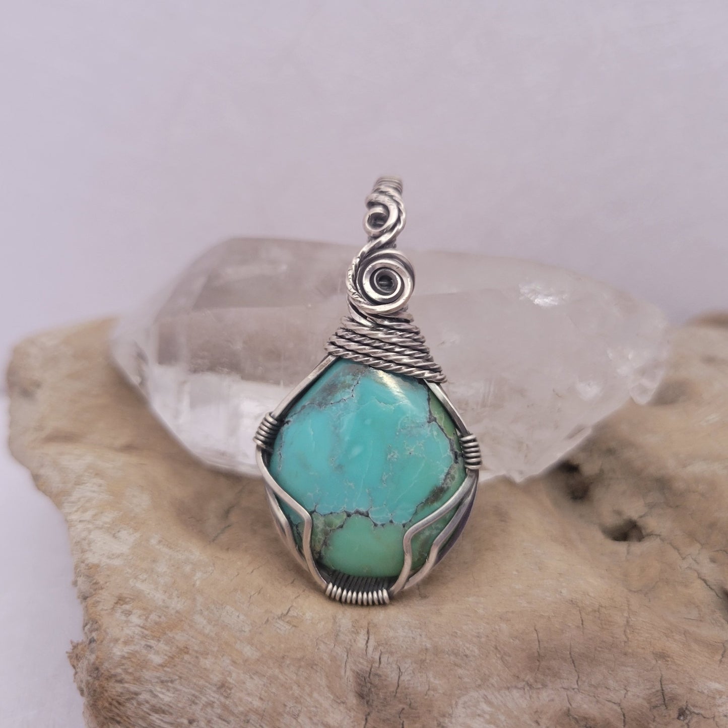 Handcrafted Turquoise and Hubei Turquoise Sterling Silver Pendant Necklace — close-up