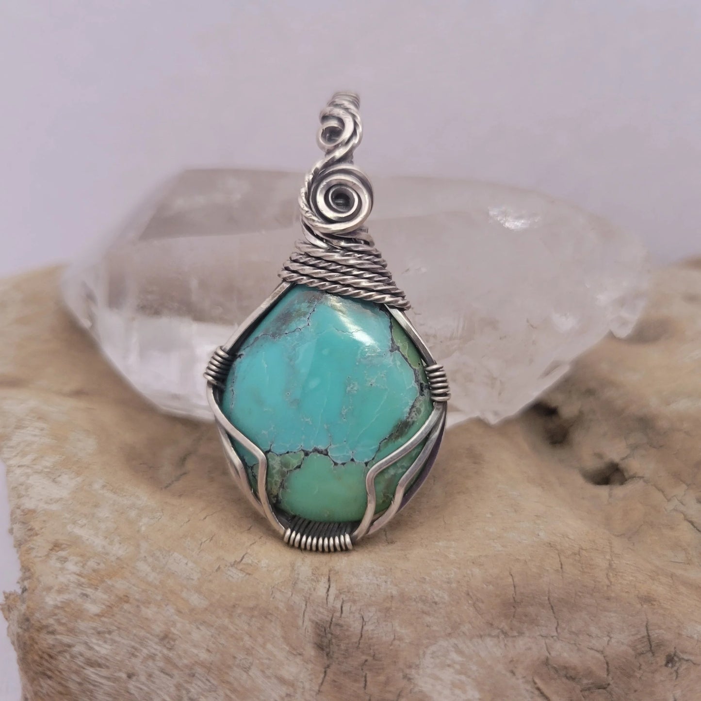 Handcrafted Turquoise and Hubei Turquoise Sterling Silver Pendant Necklace — front view