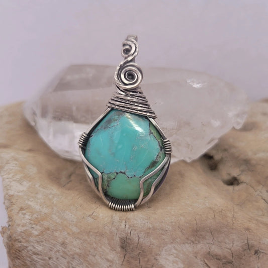Handcrafted Turquoise and Hubei Turquoise Sterling Silver Pendant Necklace — front view
