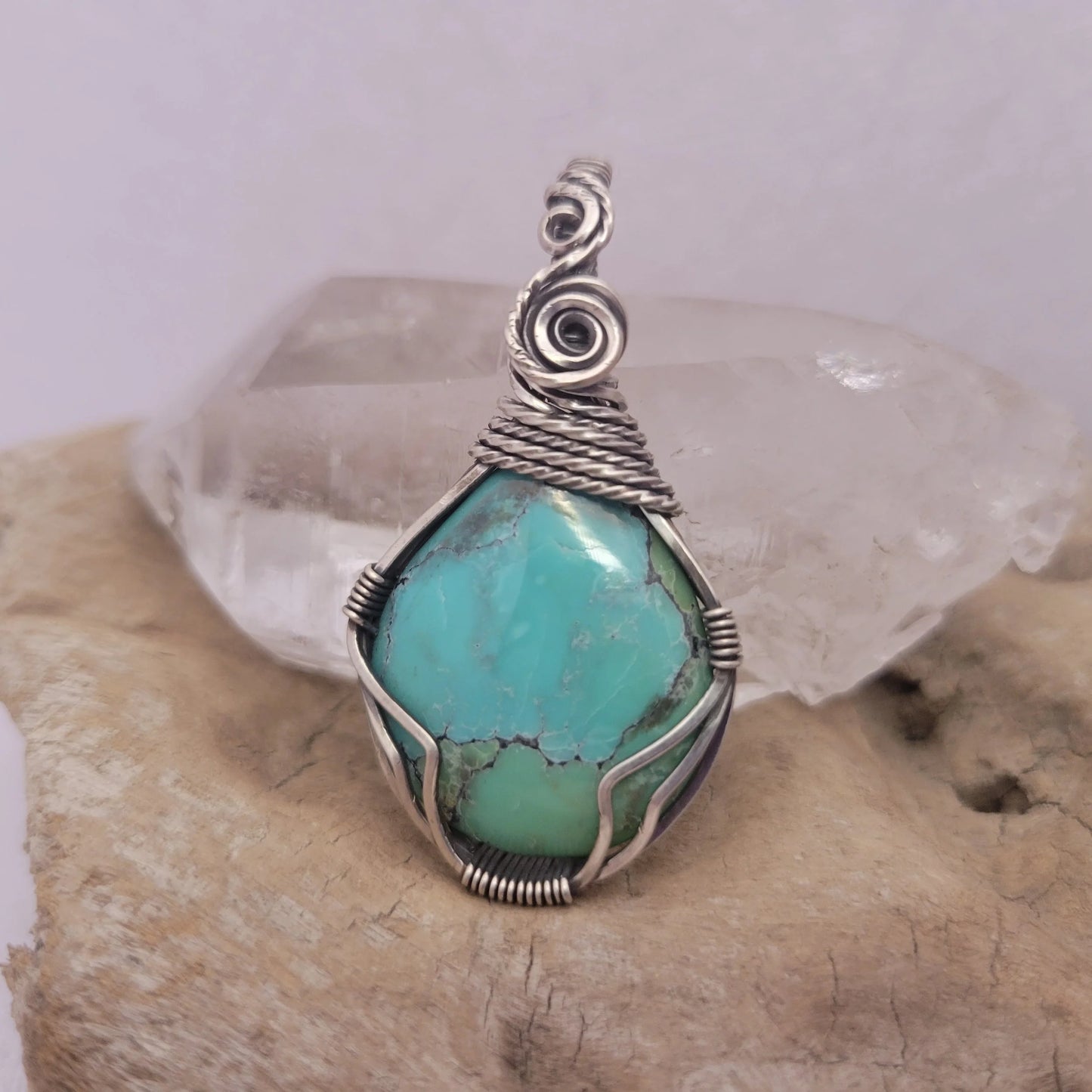 Handcrafted Turquoise and Hubei Turquoise Sterling Silver Pendant Necklace — reverse view