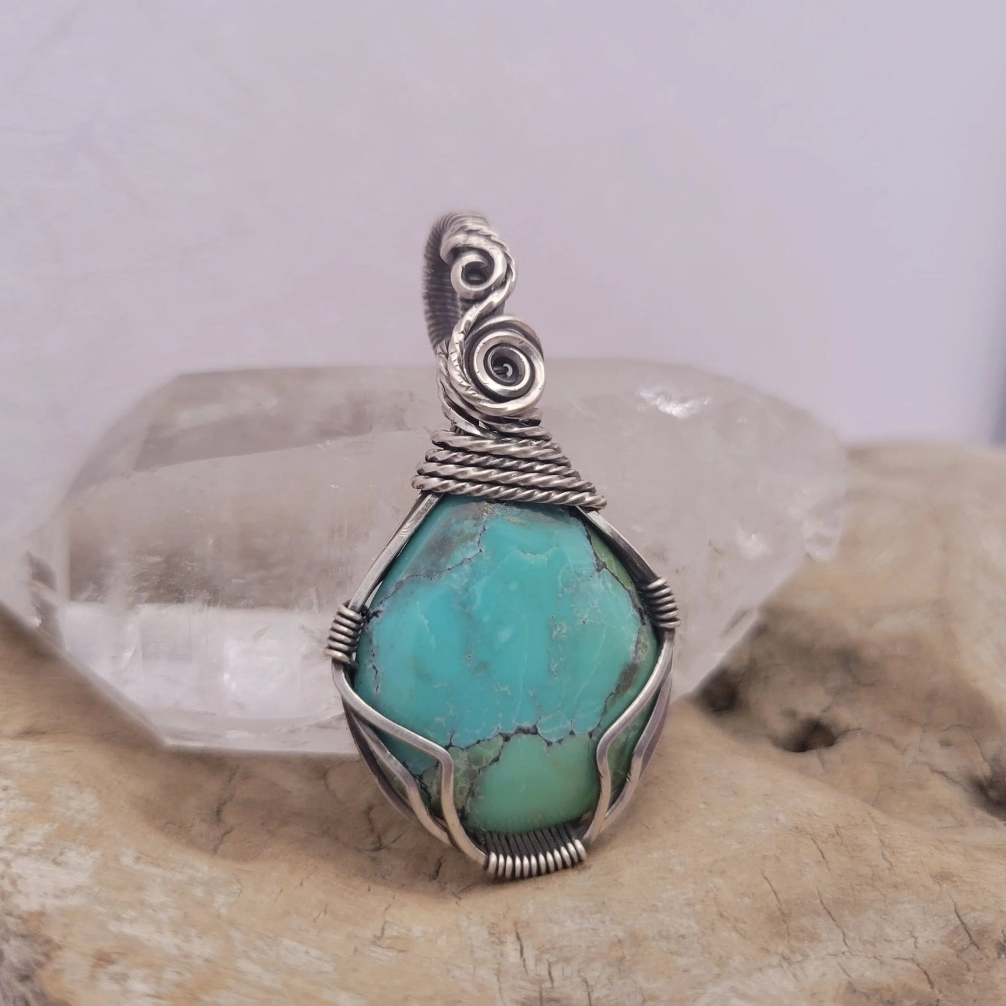 Handcrafted Turquoise and Hubei Turquoise Sterling Silver Pendant Necklace — detail view
