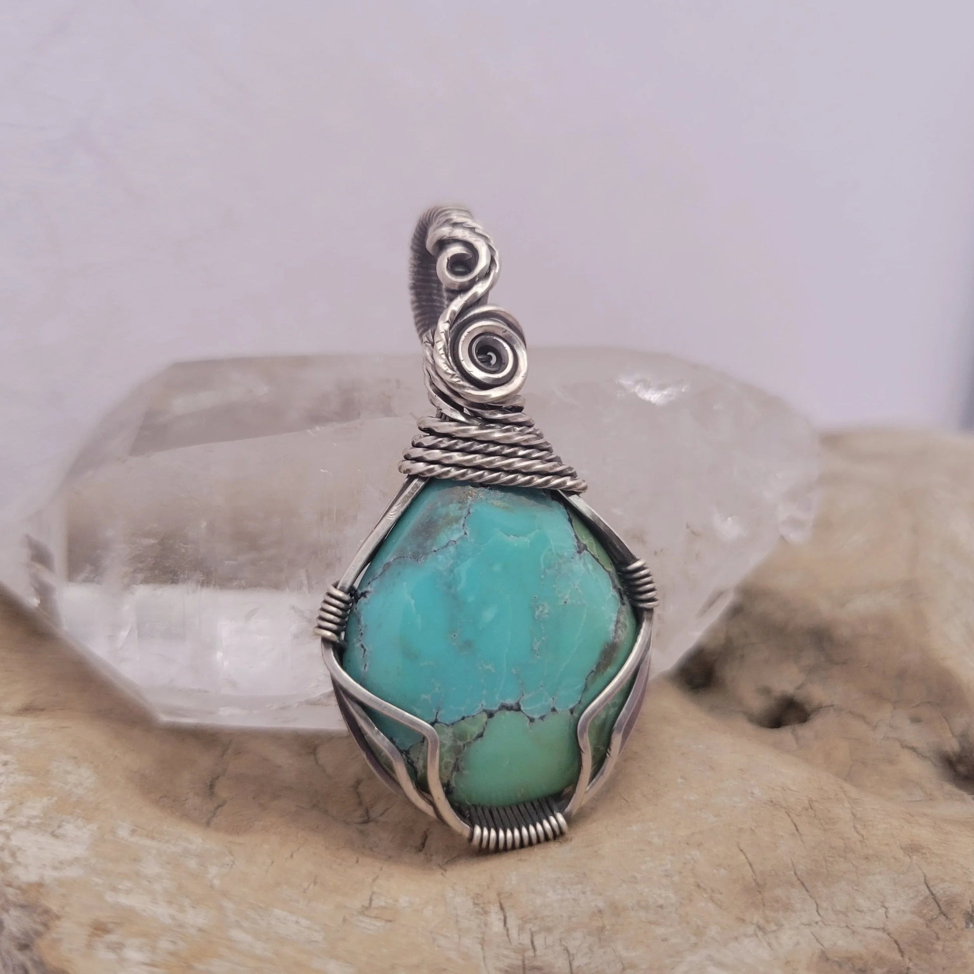 Handcrafted Turquoise and Hubei Turquoise Sterling Silver Pendant Necklace — detail view