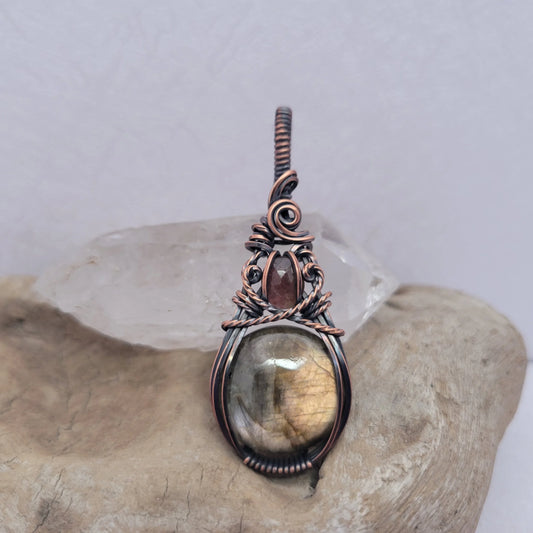 Handcrafted Labradorite and Tourmaline Copper Pendant Necklace — front view