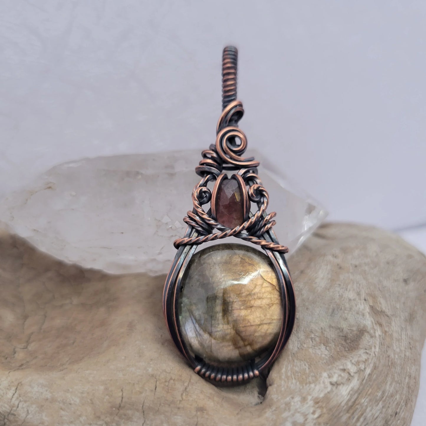 Handcrafted Labradorite and Tourmaline Copper Pendant Necklace — detail view