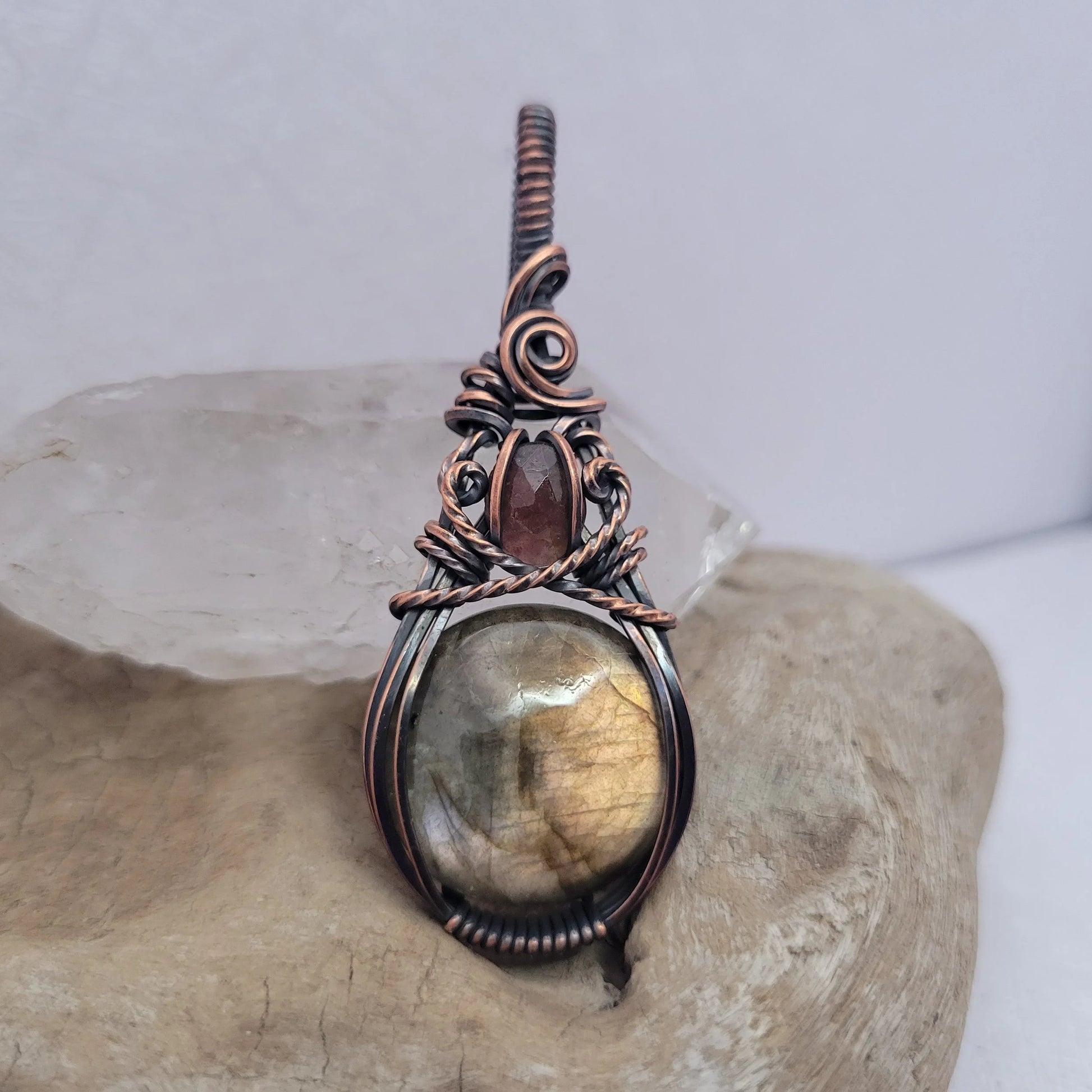 Handcrafted Labradorite and Tourmaline Copper Pendant Necklace — side view