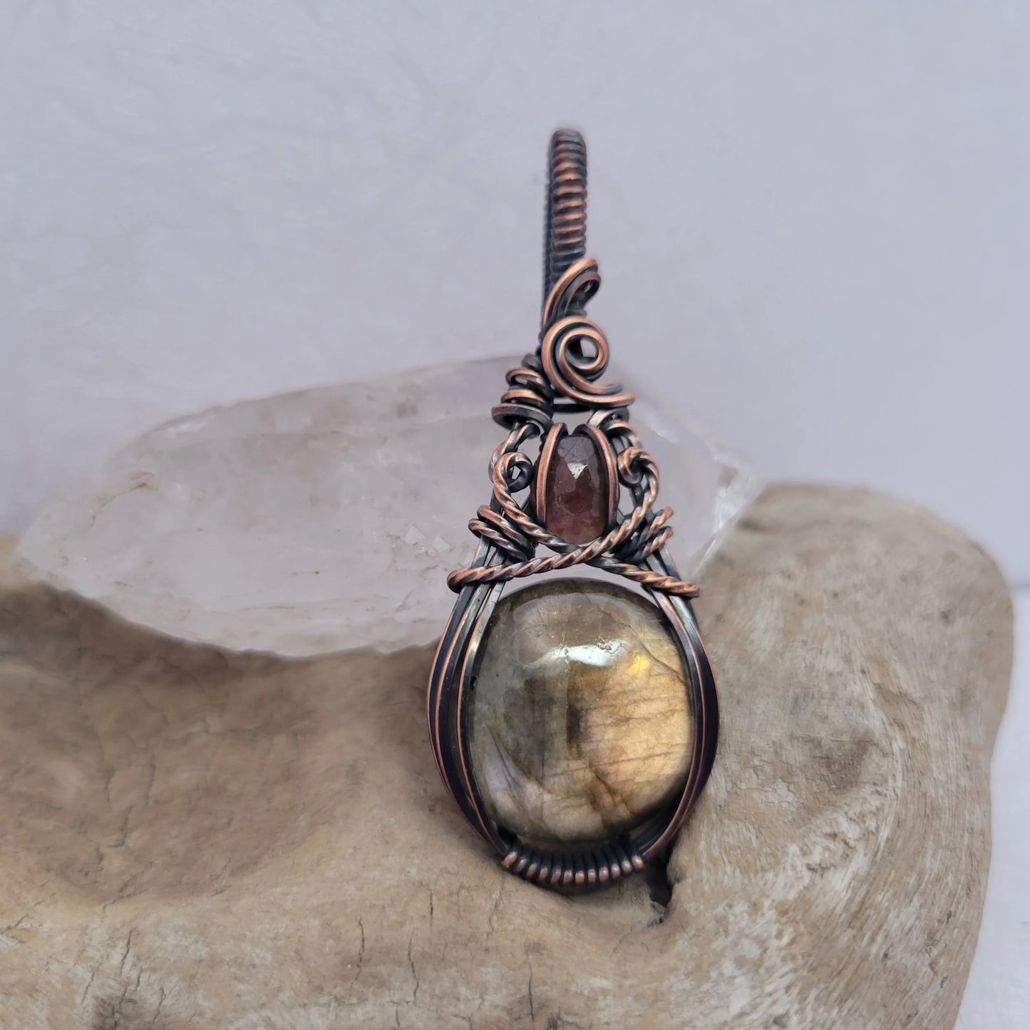 Handcrafted Labradorite and Tourmaline Copper Pendant Necklace — close-up