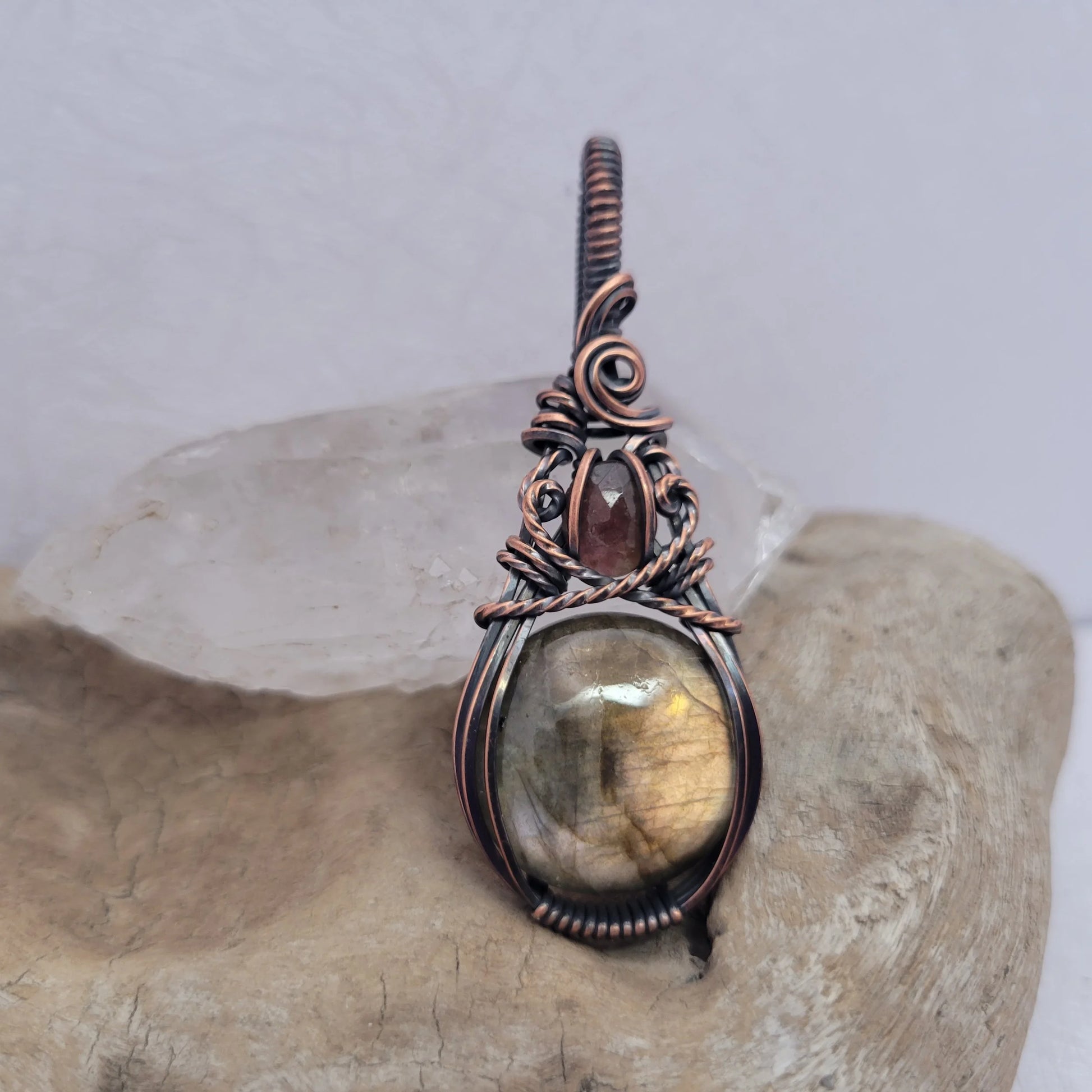 Handcrafted Labradorite and Tourmaline Copper Pendant Necklace — close-up