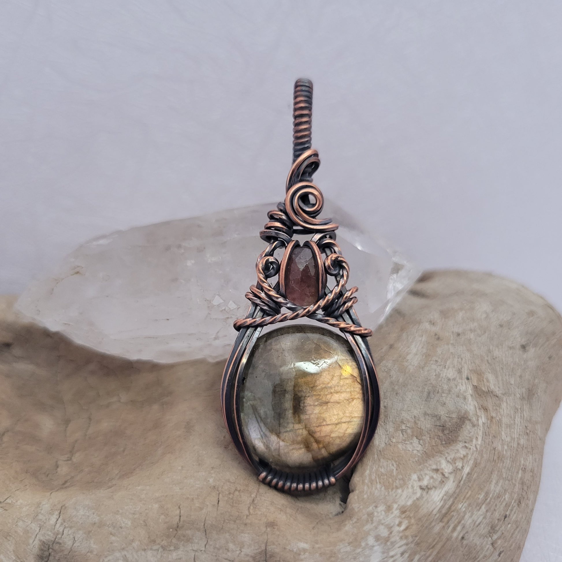 Handcrafted Labradorite and Tourmaline Copper Pendant Necklace — reverse view