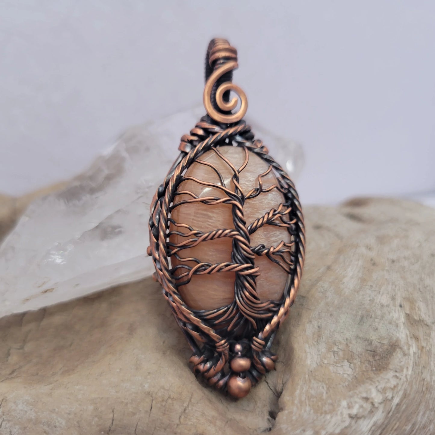 Handcrafted Peach Amazonite Copper Tree of Life Pendant Necklace — front view