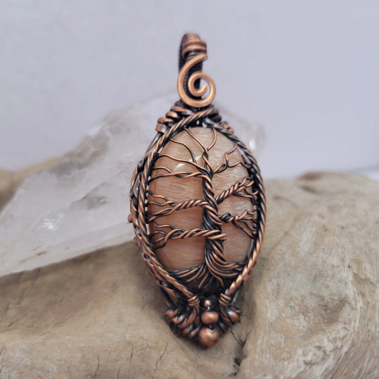 Handcrafted Peach Amazonite Copper Tree of Life Pendant Necklace — front view